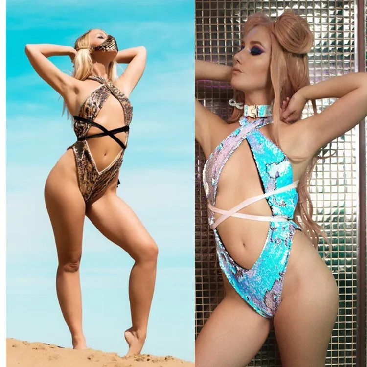 Блестками вырезать одна деталь Купальник для женщин Сексуальная бинты Купальники для малышек блестка украшение Монокини High Cut Strappy пляж купальн
