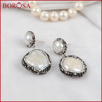 

BOROSA Natural Pearl Freeform paved black cz dangle earrings Round Pearl Paved Rhinestones earring gems jewelry for women JAB525