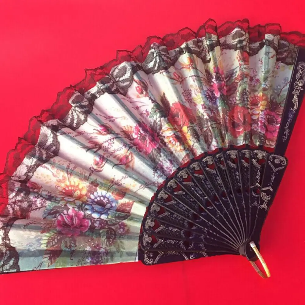 Spanish Flower Folding Hand Fan Floral Fabric Lace Fans Dancing Wedding