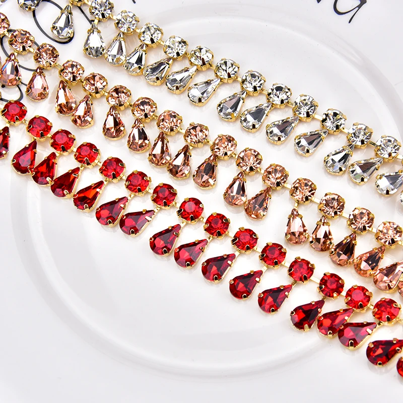 

20cm/Lot Glass Rhinestone Chain 8mm Round+8x13mm Teardrop Clear Crystal Trimming Gold Metal Base 2cm Width Sew On Garment DIY