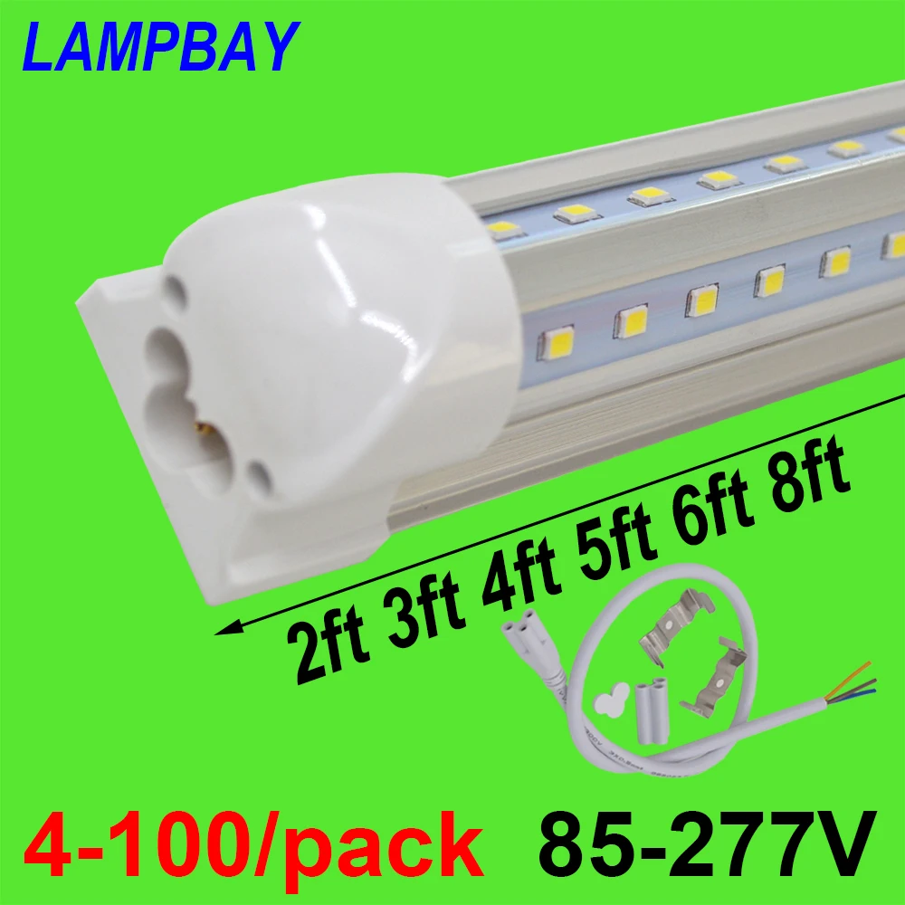 4-100/pack LED Tube Lights V shaped 270 angle 2ft 3ft 4ft 5ft 6ft 8ft Bar Lamp T8 Integrated Bulb Fixture Linkable Super Bright