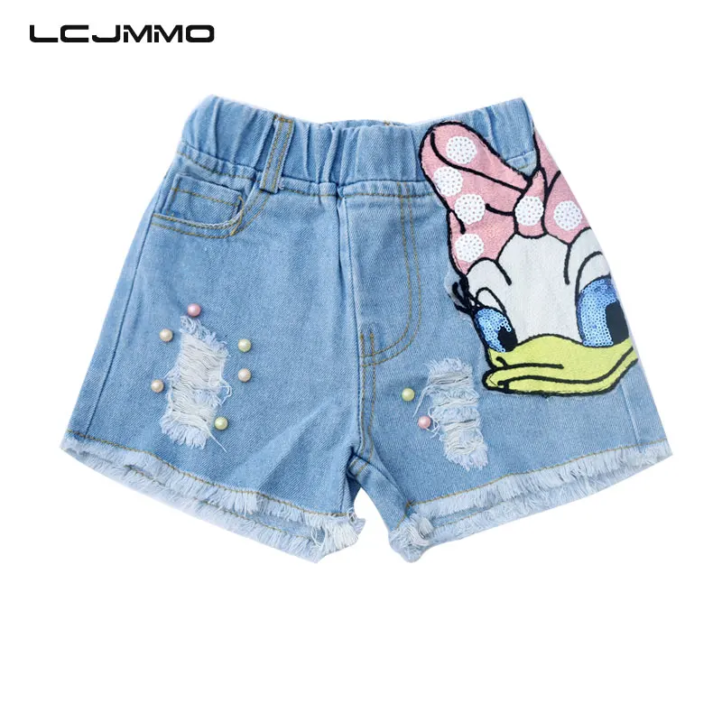 

LCJMMO Girls Shorts Jeans Summer Cartoon Daisy Duck Pattern Baby Girl Ripped Jeans Short Demin Pants Pearls Kids Trousers 1-6Yrs
