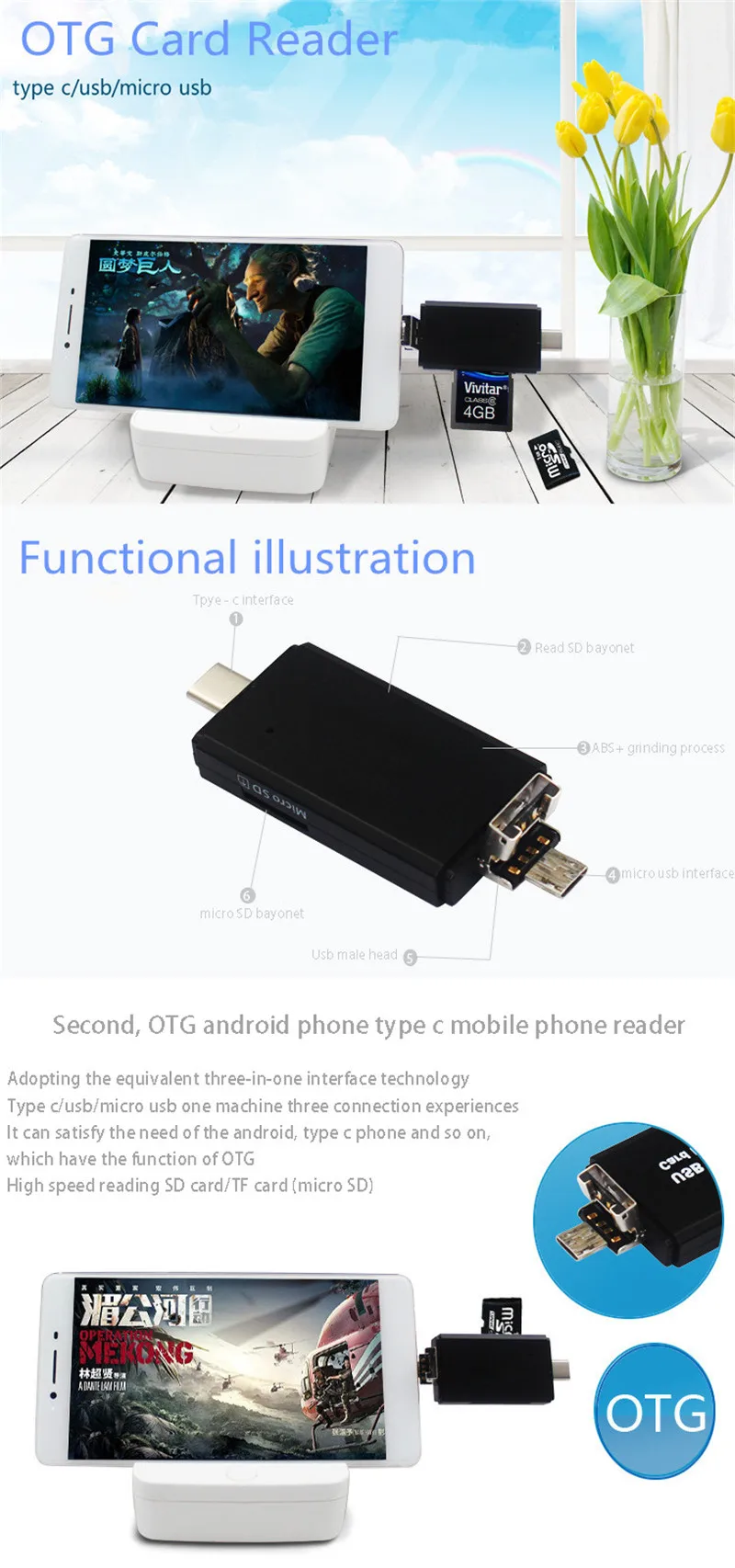 3 в 1 OTG кардридер Флешка высокая скорость USB 2,0 TF/SD/Micro SD Kart Тип C кардридер для Android телефон планшетный ПК