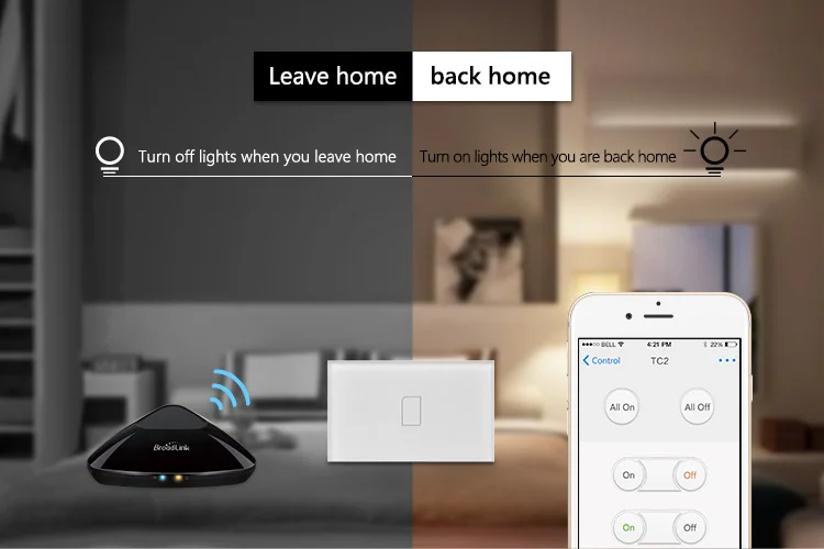 BroadLink TC2-2-US 220 В настенный выключатель, версия США Смарт настенный сенсорный выключатель, 2 банды 1 способ, переключатель дистанционного управления из любого места через 3g/4G