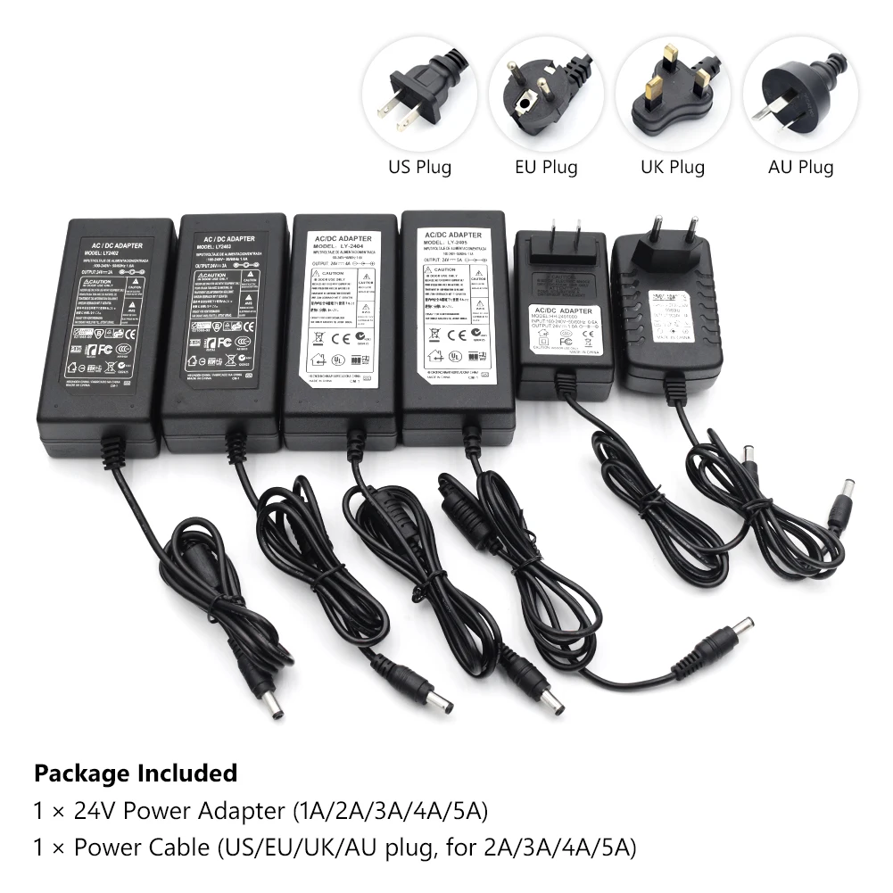 

1PC 24V 2A 3A 4A 5A AC 100V-240V Converter Adapter DC 24V Power Supply US/UK/EU/AU Plug 5.5mm x 2.1 for LED Strip CCTV Camera