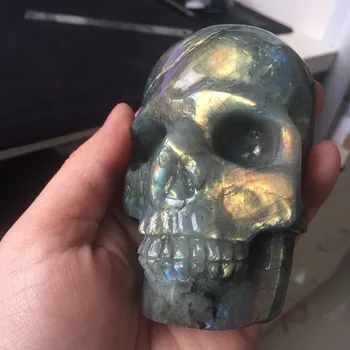 

Hot Sale Christmas Decoration 415g Natural Labradorite Skull Craved Face Shining Colorful High Quality Healing Skull