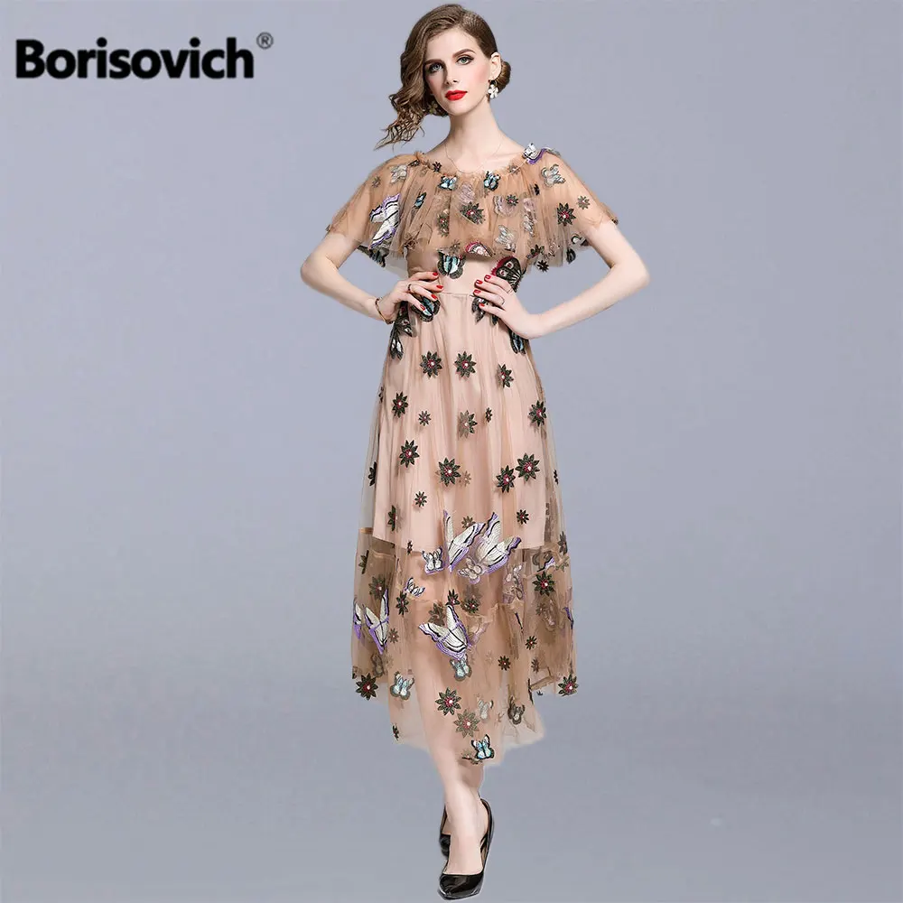 

Borisovich Luxury Embroidery Women Party Dresses New 2019 Summer Fashion England Style Slash Neck Female A-line Long Dress N1233
