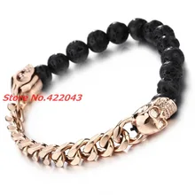New Design High Quality Black Lava Stone Beads Jewelry With Rose Gold Tone Skull Cuban Chain Bangles Bracelets COOL Party Gift