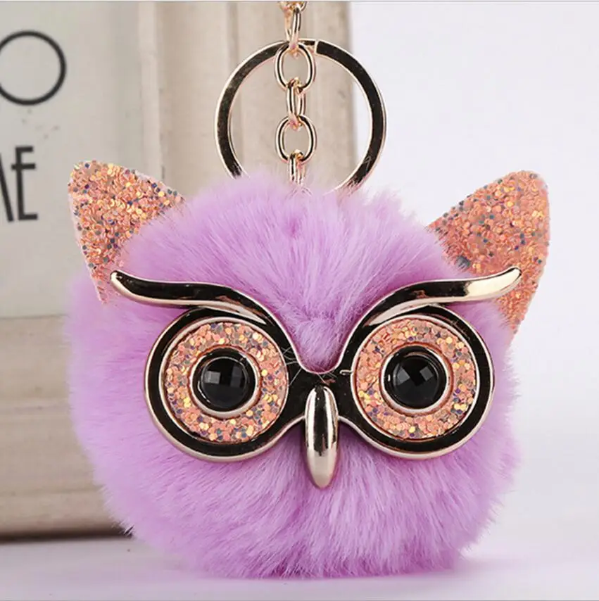 

12CM Cute Fluffy Owl Keychain & Pendant Women Key Ring Holder Faux Bunny Rabbit Fur Pompoms Key Chains For Handbag car trinket