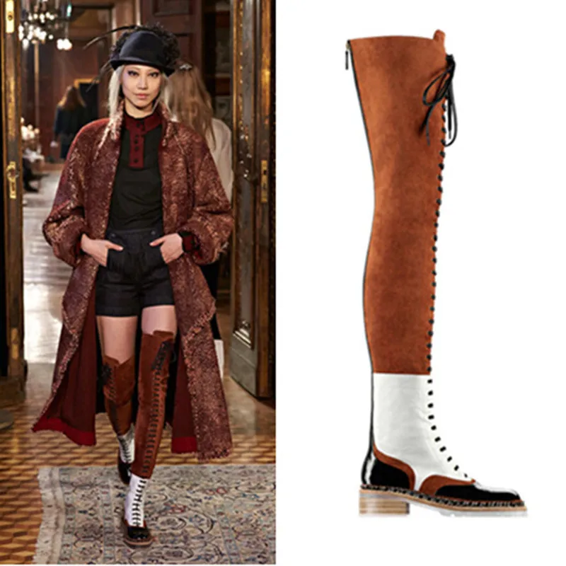 

Winter Hot Boots Patchwork Suede And Leather Mix Colors Women Thigh High Boots Round Toe Lace Up Zip Knight Boots Shoes Woman
