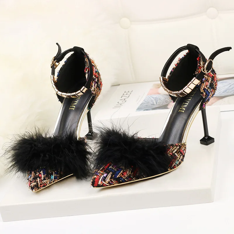 

2019 summer new fashion pointed sandals small fragrance sexy hair high heel ladies shoes