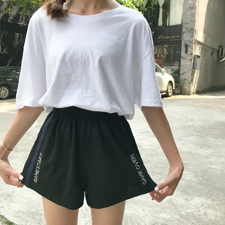 Jielur боковые полосы буквы с вышивкой и эластичным поясом свободные шорты Feminino M-XXL шорты женские летние 2019 черные Spodenki Damskie
