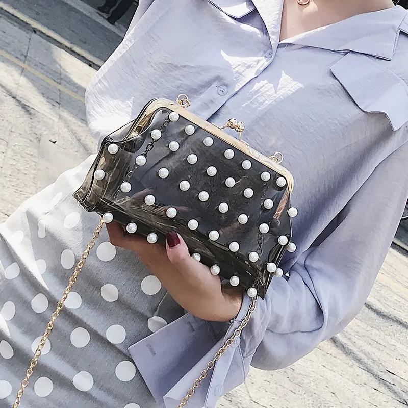 Hot 2019 Brand Fashion Shoulder Bag Pearl Beaded Crossbody Bag Wild Transparent Jelly Chain Bags For Women PU Small Square Bags