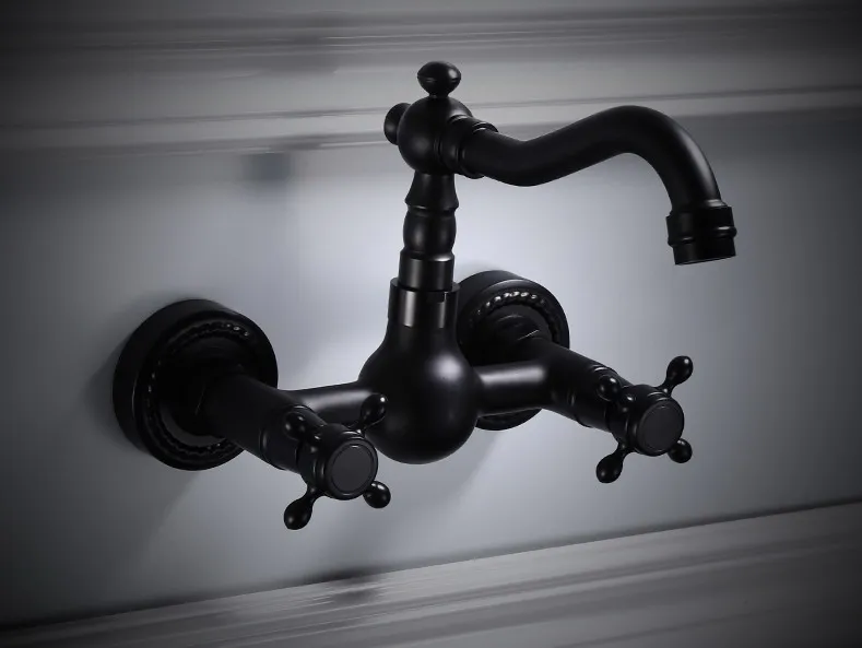 Dual Cross Handles Wall Mounted Oil Rubbed Bronze Bathroom Kitchen Basin Sink Swivel Faucet Mixer Tap ZD1279