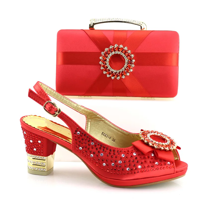 

Hot Sale Red Bowtie Wemon Shoes Matching Handbag Set With Rhinestone for African Shoes And Bag Set For Dress V5683-4