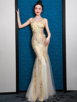 

Wedding Women Gold Sequins Long Dress Sexy Fish Tail Slim Dance Dresses Prom Party Catwalk Host Stage Performance Costume