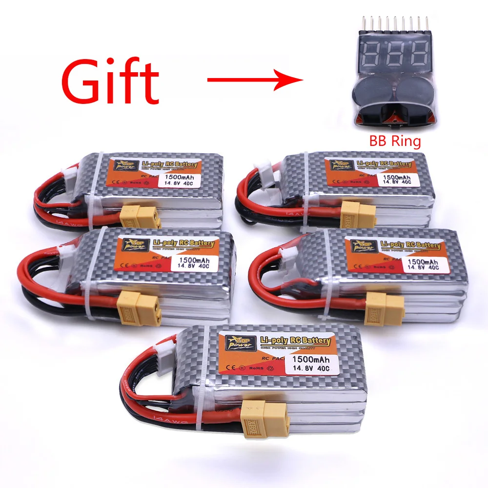 

5pcs ZOP Power 14.8V 1500mAh 4S 40C Lipo Battery XT60 Plug Rechargeable Battery