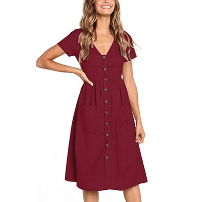 New Fashion Women Summer Dress V Neck Short Sleeve Midi Dress Button with Pockets Beach Dress Vestido Mujer DR701 - Цвет: wine red