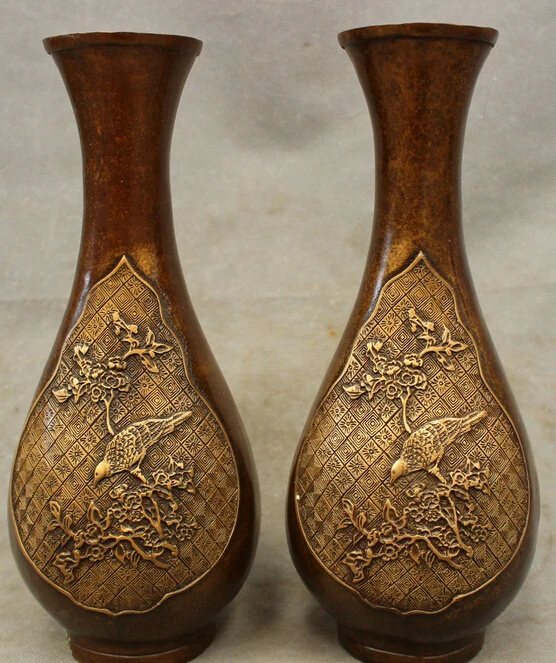 

wholesale factory 13" Folk China Chinese Bronze Copper Fly Bird Magpie Statue Flower Vase Pot Pair