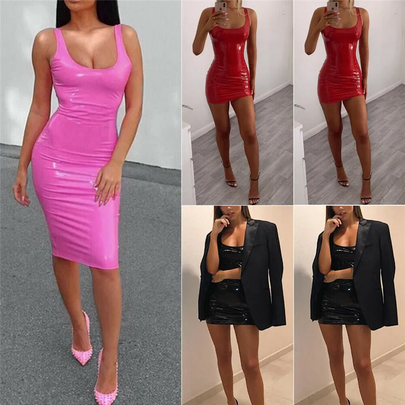 

2019 Sexy Women Sleeveless Off Shoulder PU Leather Dress O-neck Clubwear Bandage Bodycon Dress Clubwear Party Short Mini Dresses