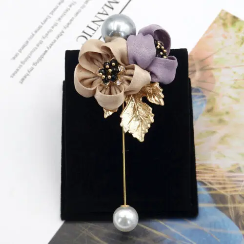 

Fashion 2 Flower Handmade Boutonniere Stick Pearl Brooch Pin Women Party Clothing Accessories