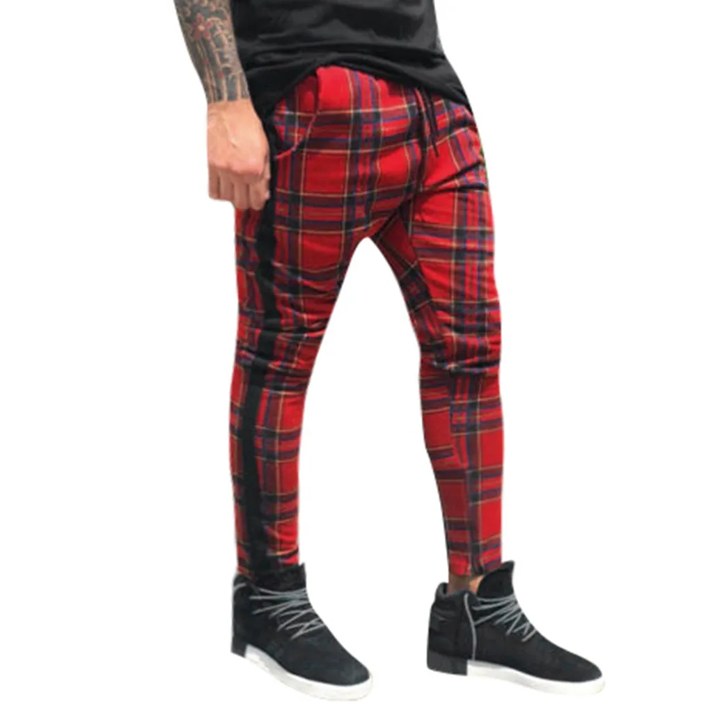 

JAYCOSIN Men's fashion plaid pocket string sports pants men's sports and leisure fitness pants men's sports running trousers