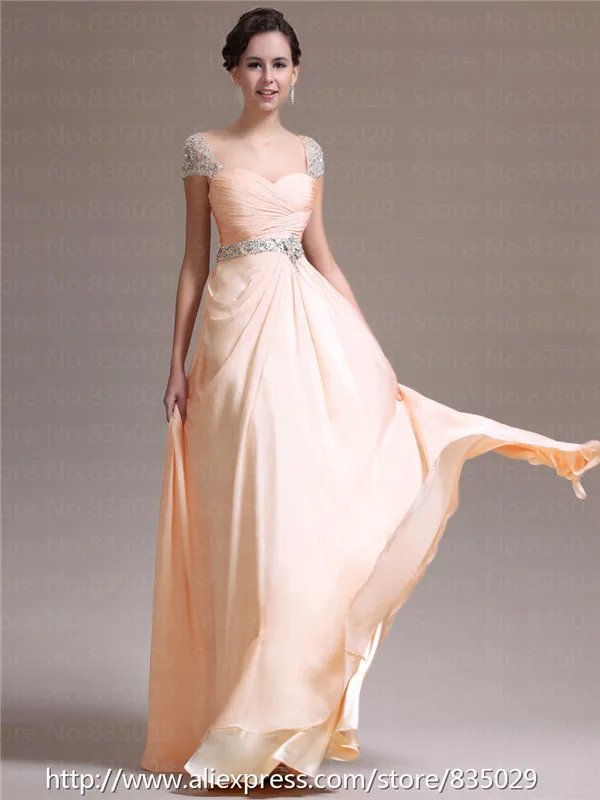 Pink Glittery Cap Sleeve Chiffon A Line Evening Dress with Jewelled
