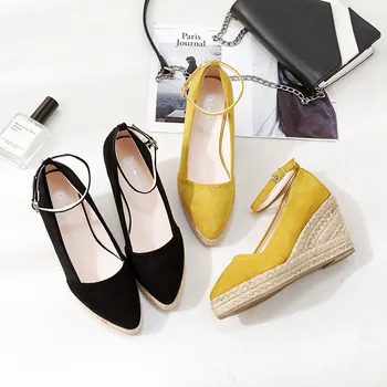 

2019 autumn new comfortable simple spring slope with women's shoes suede comfortable pointed hemp rope woven casual high heels.