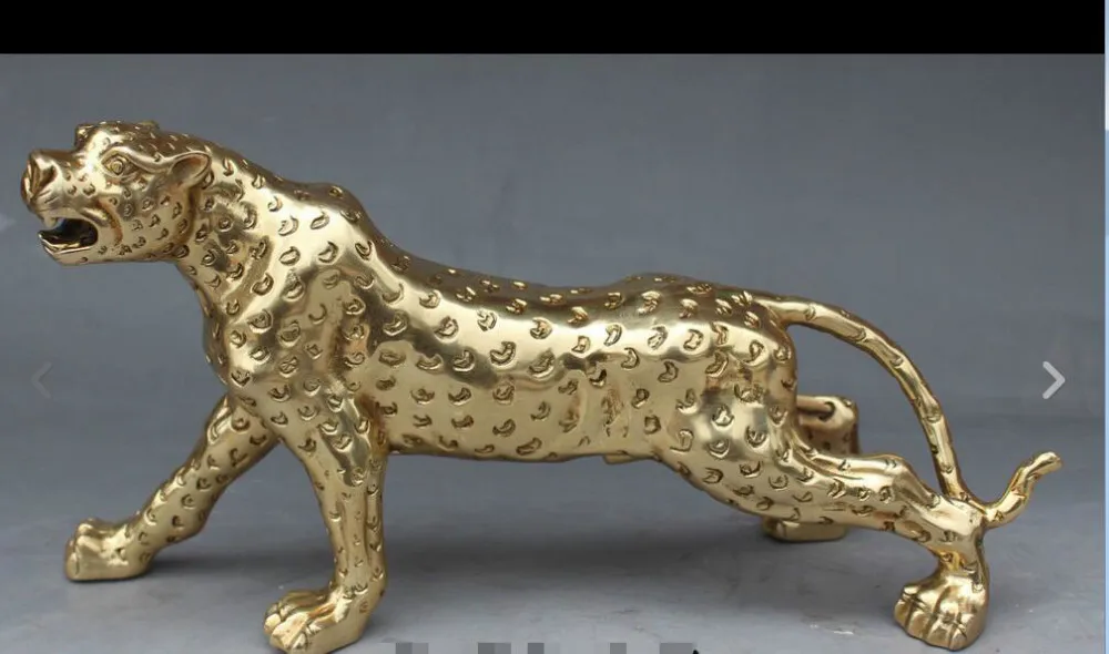 

88006056<<<12" Marked Chinese FengShui Folk Brass Guardion Beast Leopard Animal Statue
