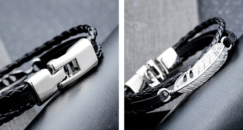 NIUYITID Feather Bracelet Man Leather Alloy Metal Charm Braslet For Men Handmade Friendship Bracelets & Bangles (3)