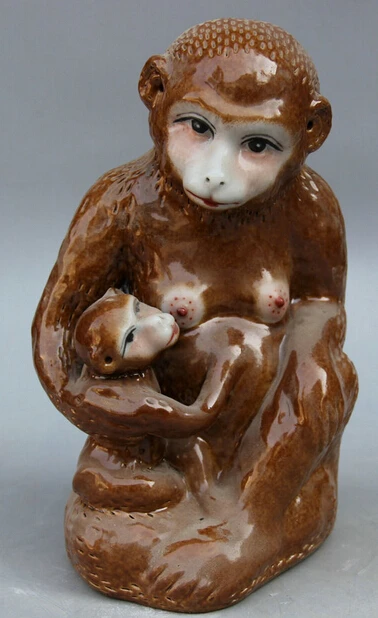 

JP S0524 9" Chinese Wu Cai porcelain mother and son Zodiac Year Monkey sculpture Statue