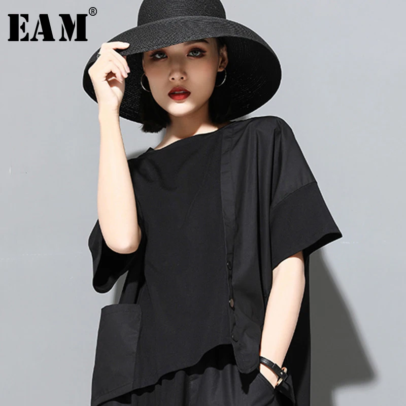 

[EAM] 2019 New Spring Summer Round Neck Short Sleeve Black Button Split Joint Loose Big Size T-shirt Women Fashion Tide JW072