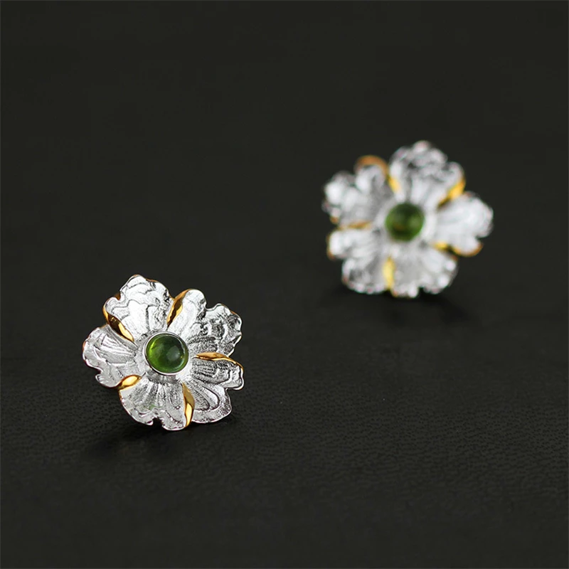 Lotus Fun Real 925 Sterling Silver Natural Stone Original Handmade Fine Jewelry Peony Flower Stud Earrings for Women Brincos