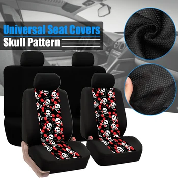 

New Arrival 9pcs Universal Skull Full Set Car Seat Cushion Cover Polyester For Auto Truck SUV 4 Heads Seat