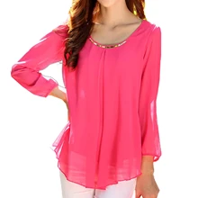 2017 NEW Women’s Chiffon Long Sleeve Slim O-neck Casual Blouse Tops Shirt Rose Red