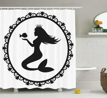 

Mermaid Decor Shower Curtain Set Vintage Style Graphic Illustration Mermaid with Crown and Fish Bathroom Accessories