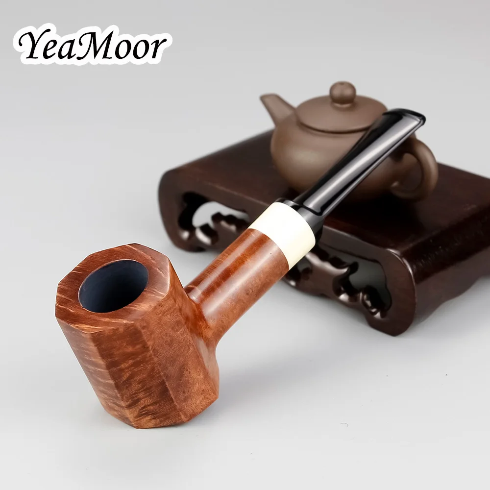 

New Straight Briar Wood Pipe Octagon Bowl Tobacco Pipe 9mm Filter Flat Bottom Smoking Pipes White Ring Briar Pipe 74 tools free