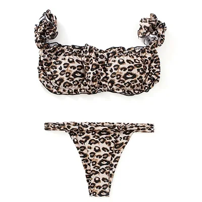 Леопардовый плиссированный гофрированный Бюстгальтер-бандо с открытыми плечами, комплект бикини с низкой талией, стринги с высокой талией, купальник для девочек, сексуальный купальный костюм танга, пляжная одежда - Цвет: Leopard
