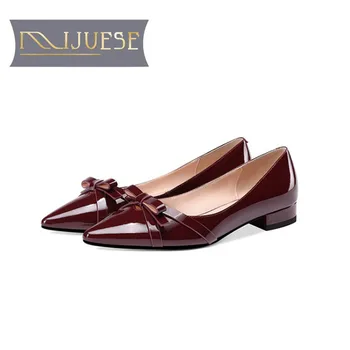 

MLJUESE 2019 women flats cow leather pointed toe bow-tied soft flats shoes spring comfortable casual shoes party dress size 42