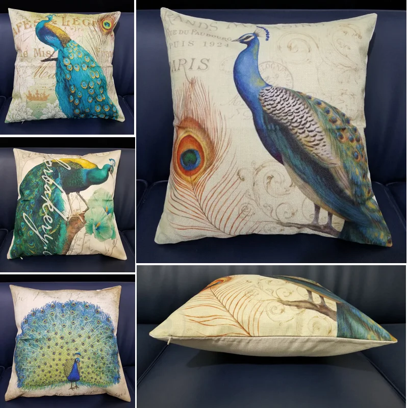 

New Arrival Home Decorative Throw Pillow Case Peacock Animal Pattern Print Cushion Cover Linen Cotton For Sofa Chair Room Decor