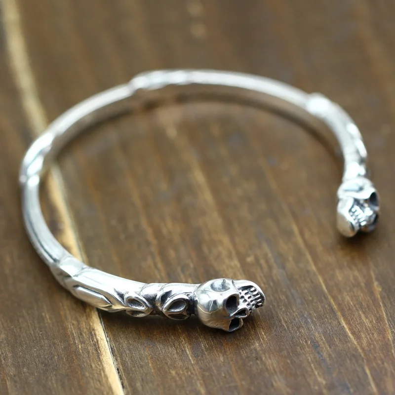 

S925 Sterling Silver Tide Europe And The United States Wind Skull Open Ended Retro Old Thai Silver Men And Women Simple Bangle