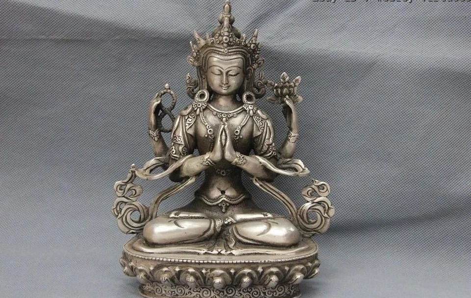 

8" Tibetan White Copper Silver Four-arm GuanYin Kwan-yin Avalokiteshvara Statue