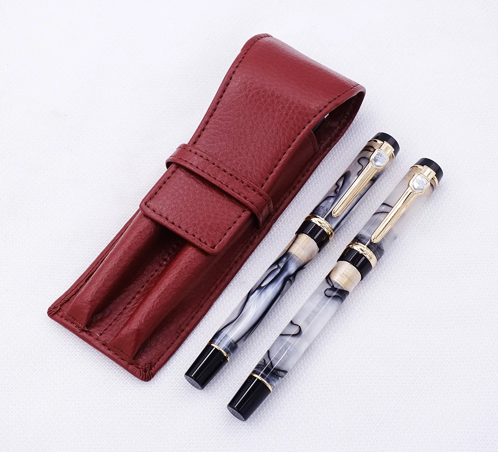 

Jinhao Century Series White Celluloid Fountain Pen & Rollerball Pen with Real Leather Brown Pencil Case Washed Cowhide Pen Case