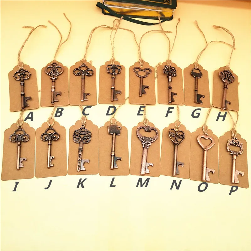 

50pcs/lot Kinds of Retro Vintage Skeleton Key Shape Beer Bottle Opener with Blank Tag Wedding Party Favor Decorative Supplies