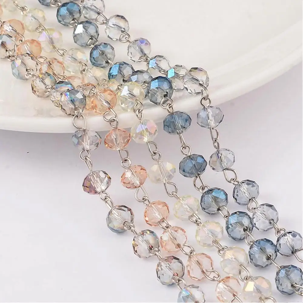 

Faceted Abacus Handmade Electroplate Glass Beads Chains, with Platinum Plated Brass Findings, Mixed Color, 39.3"; about 79pcs/m