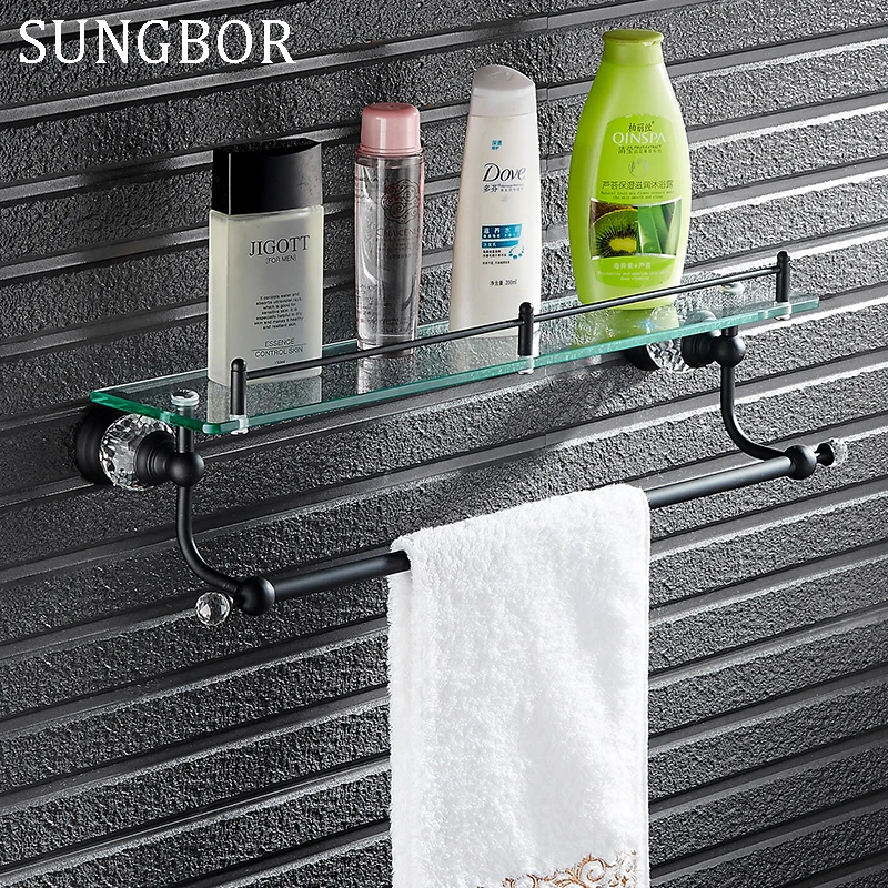 Bathroom Accessories Black Finish crystal Tempered Glass shelf ,double Glass double Shelf