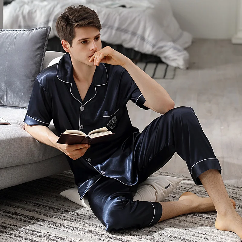 Pajama Sets Male Summer Short Sleeve Long Pants Thin Ice Silk Plus Size Imitation Real Silk Sleepwear Man Spring Autumn X9008 Pajama Sets Male Summer Short Sleeve Long Pants Thin Ice Silk Plus Size Imitation Real Silk Sleepwear Man Spring Autumn X9008