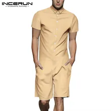 INCERUN Модный комбинезон мужские комбинезоны повседневные штаны короткий рукав кнопка комбинезон однотонный свободный уличная Мужская Рабочая одежда 5XL