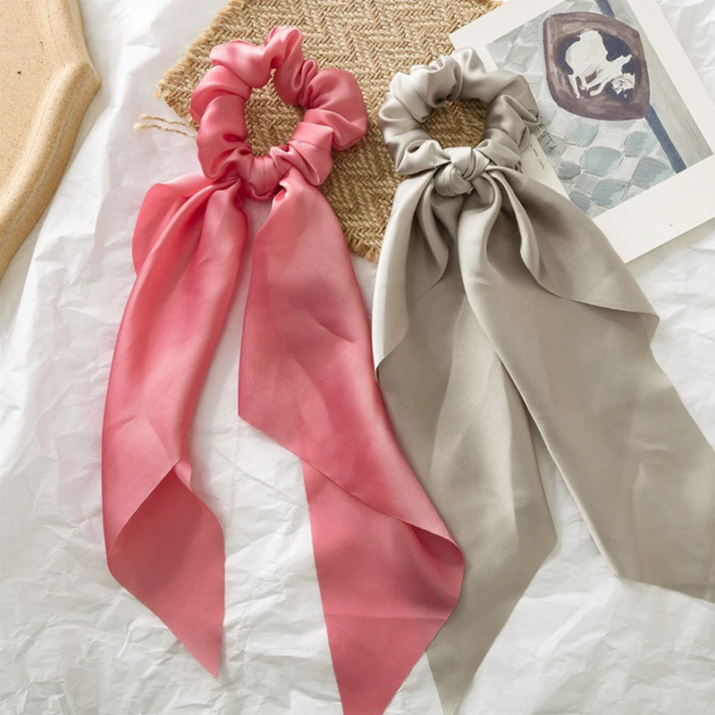 Sale Ribbon Vintage Women Satin Hair Scarf Bowknot Streamers Scrunchies Ponytail Holder Headband Elastic Hair Ties for Girls