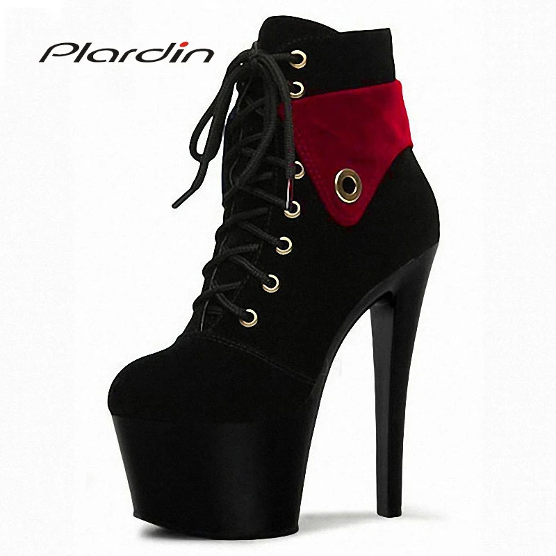 

Plardin Plus Size :35-46 PU Sexy 17CM High Heels 7CM Platform Cross-tied Metal Decoration knee-high Nightclub Dance Party Boots
